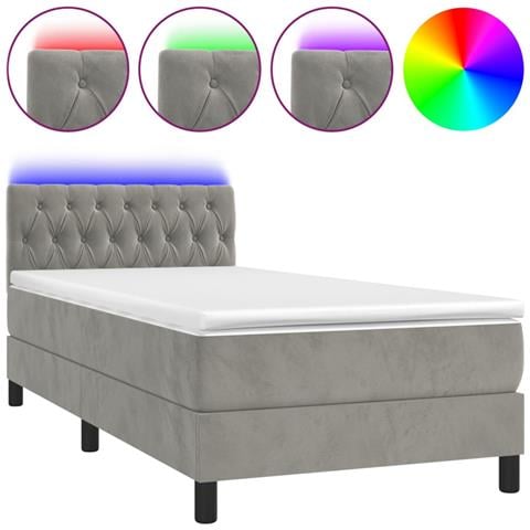 Letto A Molle Materasso E Led Grigio Chiaro 90x190 Cm Velluto - Foto 1