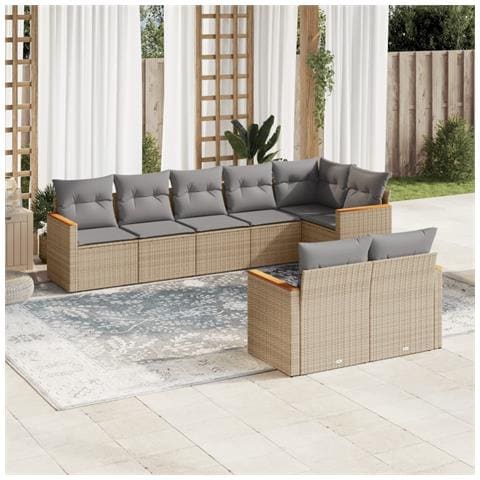 Set Divano Da Giardino 8 Pz Con Cuscini Beige In Polyrattan - Foto 1