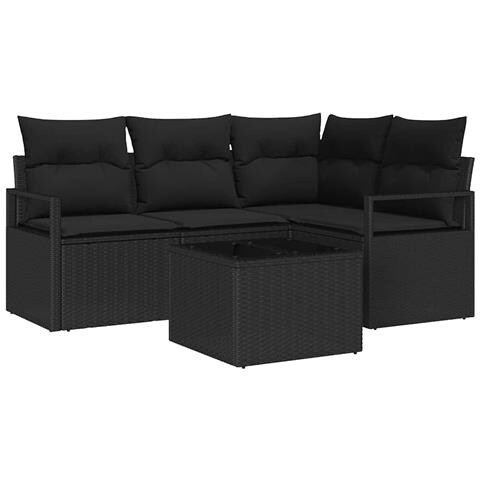 Set di divani da giardino 5 pezzi con cuscini beige in polyrattan, Divano da giardino per 2 persone con cuscini neri in polyrattan - Foto 1