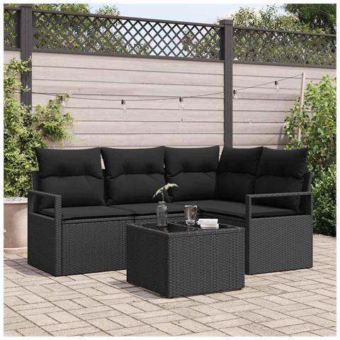 Set di divani da giardino 5 pezzi con cuscini beige in polyrattan, Divano da giardino per 2 persone con cuscini neri in polyrattan - Foto 2