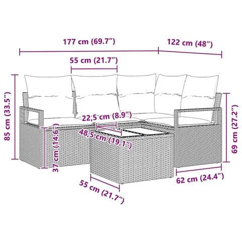 Set di divani da giardino 5 pezzi con cuscini beige in polyrattan, Divano da giardino per 2 persone con cuscini neri in polyrattan - Foto 9