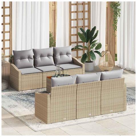 Set di Divani da Giardino 7 Pezzi con Cuscini Beige Polyrattan Acacia - Foto 2