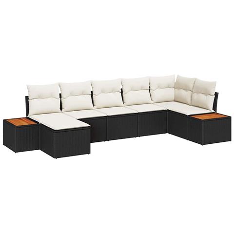 Set Divano da Giardino di 7 Pezzi con Cuscini Nero Polyrattan Acacia - Foto 1