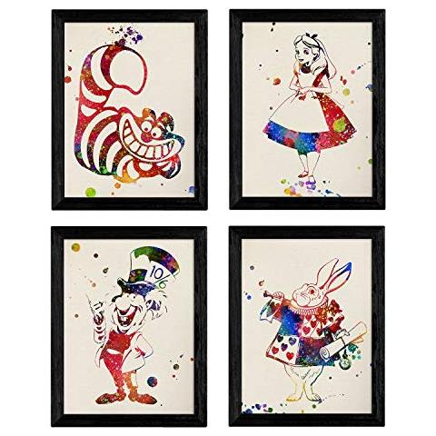 Set Di 4 Stampe Lame Stile Di Esplosione Stile Poster Alice Nel Paese Delle Meraviglie Articoli Di Alicia Coniglio Cappellaio E Cat Senza Cornice A4 - Foto 1