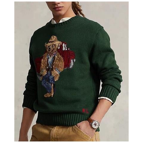 Maglione Polo Bear Uomo Verde Orsetto Ricamato Girocollo A Coste 100% Cotone Tg M - Foto 2
