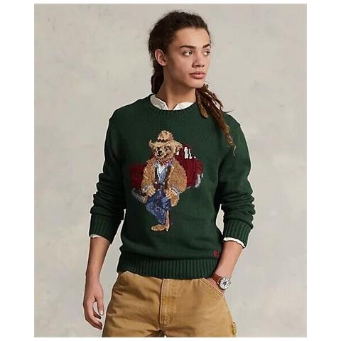 Maglione Polo Bear Uomo Verde Orsetto Ricamato Girocollo A Coste 100% Cotone Tg M - Foto 4