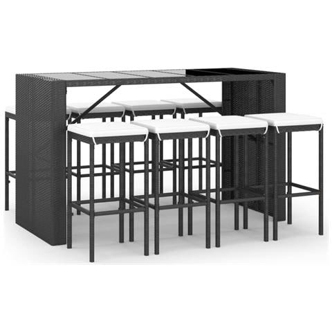 Set Bar Da Giardino 9 Pz Con Cuscini In Polyrattan Nero - Foto 1