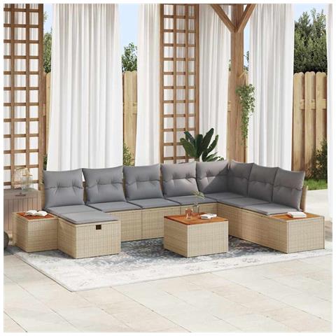 Set di Divano da Giardino da 9 Pezzi con Cuscini Beige in Polyrattan - Foto 2