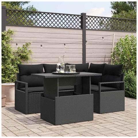 Set Divano da Giardino 5 Pezzi con Cuscini Polyrattan Nero, Divano da Giardino 2 Posti con Cuscini Polyrattan Nero - Foto 2