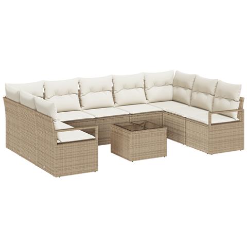 Set di divani da giardino  con cuscini marrone in polyrattan - 10 pezzi, Divano da giardino  con cuscini beige per 2 persone - Foto 1