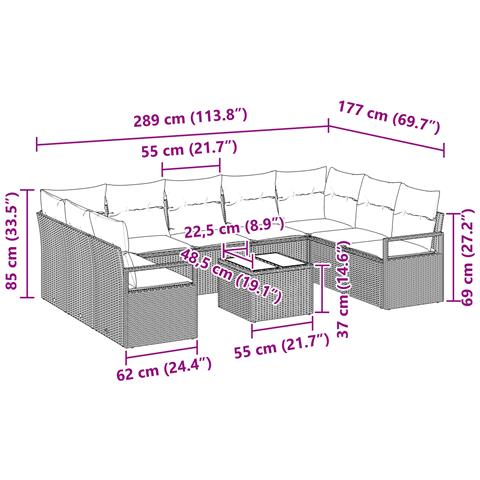 Set di divani da giardino  con cuscini marrone in polyrattan - 10 pezzi, Divano da giardino  con cuscini beige per 2 persone - Foto 9