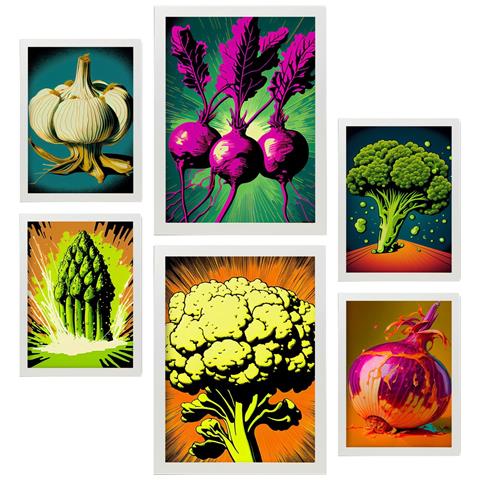 Set Di 6 Stampe Verdure Potenti Poster A Colori Di Frutta, Verdura E Cibo Sano In Stile Urban Art A3 & A4 Cornice Bianca - Foto 1