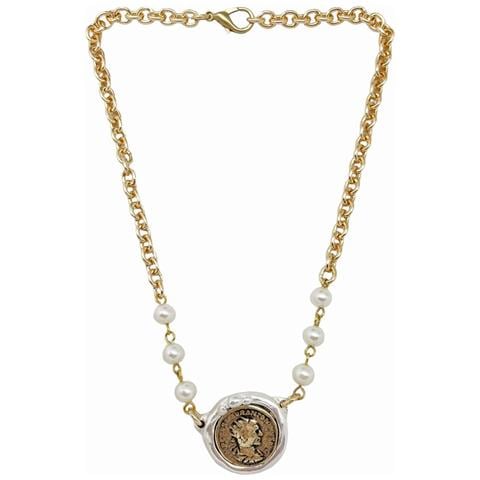 Collana Di Perle E Catena Con Moneta Centrale Placcata In Argento E Oro. - Foto 1