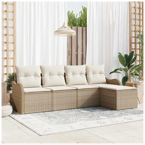 Set di divani da giardino 5 pezzi con cuscini Beige Polirattan, Divano da giardino 2 posti con cuscini Beige Polirattan - Foto 2