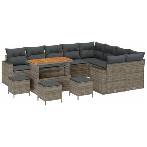 Set di divani da giardino da 13 pezzi con cuscini grigi in rattan sintetico e acacia, Set da giardino da 4 pezzi con cuscini grigi in rattan sintetico e acacia - Foto 1