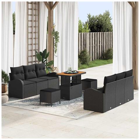 Set Divano da Giardino 9 Pezzi con Cuscini Nero Polyrattan Acacia, Divano da Giardino 2 Posti con Storage & Cuscini Nero Polyrattan, Set da Pranzo da Giardino 3 Pezzi con Cuscini Nero Polyrattan Acacia - Foto 2