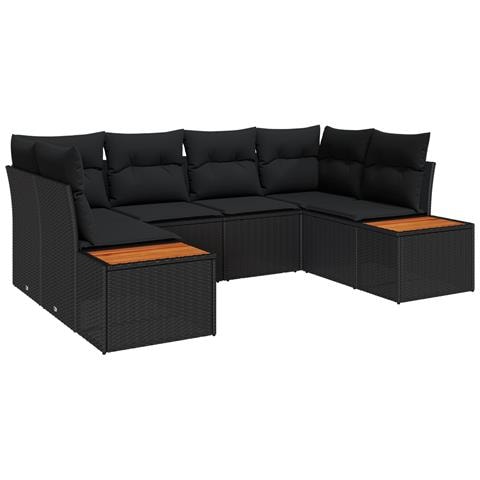 Set di divani da giardino a 6 pezzi con cuscini neri in polyrattan di acacia - Foto 1
