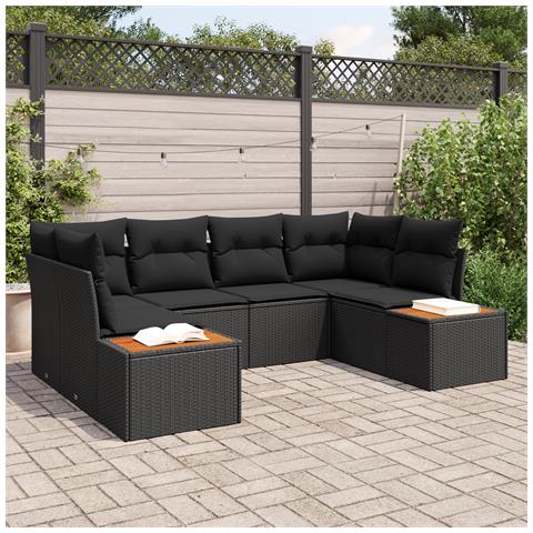 Set di divani da giardino a 6 pezzi con cuscini neri in polyrattan di acacia - Foto 2