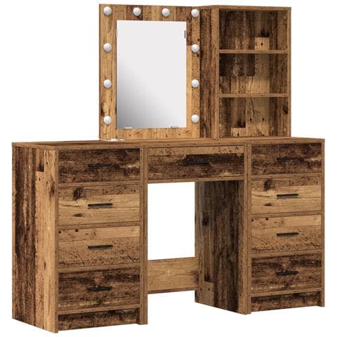 Set Tavolo Trucco 3 Pezzi con LED Legno Antico - Foto 1
