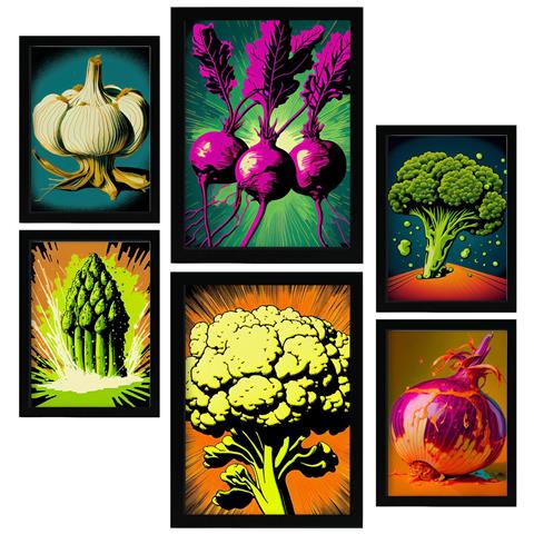 Set Di 6 Stampe Verdure Potenti Poster A Colori Di Frutta, Verdura E Cibo Sano In Stile Urban Art A3 & A4 Senza Cornice - Foto 1