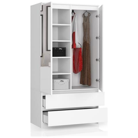 Armadio A 2 Ante Battenti E Cassetti S90 con specchio, 90x51x180 cm, Colore Bianco - Foto 2