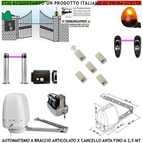 Cancello Automatico Kit Motore A Braccio Articolato 220/24 V Anta Da 0,5 A 2,5 Mt Elettroserratura 5 Radiocomandi Faro - Foto 1