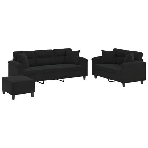 Set Divani 3 pz con Cuscini Nero in Tessuto Microfibra - Foto 1