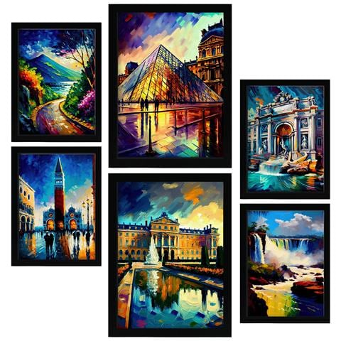 Set Di 6 Stampe Angoli In Stile Pittura A Olio Illustrazioni Di Monumenti E Città In Stile Fotografico A Colori Design D'interni A3 & A4 Senza Cornice - Foto 1