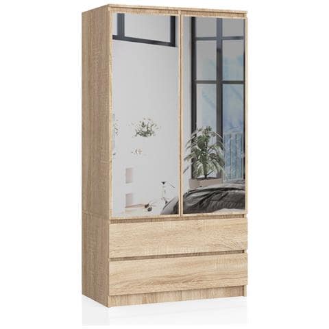 Armadio A 2 Ante Battenti E Cassetti S90 con specchio, 90x51x180 cm, Colore Sonoma Quercia - Foto 1