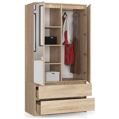 Armadio A 2 Ante Battenti E Cassetti S90 con specchio, 90x51x180 cm, Colore Sonoma Quercia - Foto 2