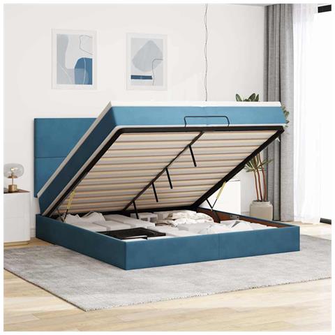 Pouf Letto Con Materassi E Led Blu Scuro 200x200cm Velluto - Foto 1