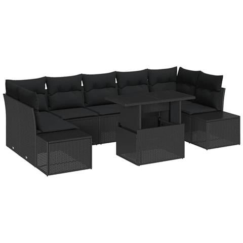 Set da Giardino 8 Pezzi con Cuscini in Rattan Nero - Foto 1