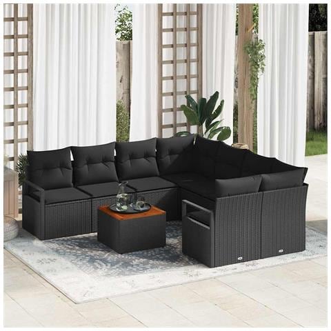 Set Divano da Giardino 9 Pezzi con Cuscini Nero Polyrattan Acacia, Divano da Giardino a Due Posti con Cuscini Nero Polyrattan - Foto 2