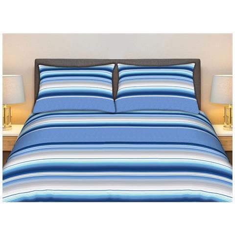 Completo Lenzuola Stiro Facile 100% Cotone Made Italy Effetto Seta Striped Matrimoniale Blu - Foto 1