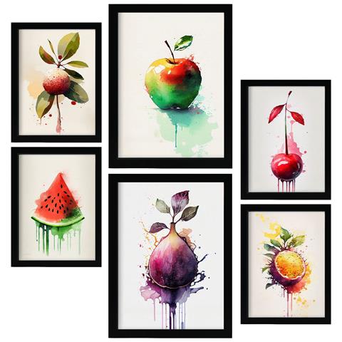 Set Di 6 Stampe Poster Di Frutta Arcobaleno Con Frutta, Verdura E Cibo Sano In Acquerelli Su Sfondi Bianchi Puri A3 & A4 Senza Cornice - Foto 1