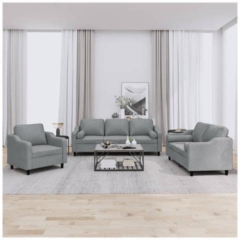 Set Divani 3 Pz Con Cuscini Grigio Chiaro In Tessuto - Foto 1