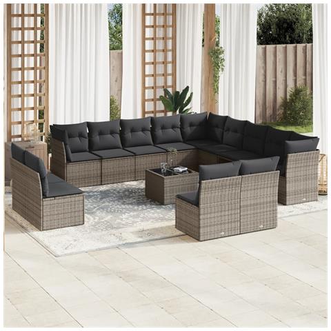 Set Divani da Giardino 14pz con Cuscini in Polyrattan Grigio - Foto 2