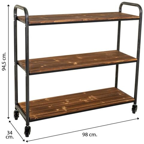 Scaffale In Legno Marrone E Metallo Con Ruote 98x34x94,5h - Foto 5