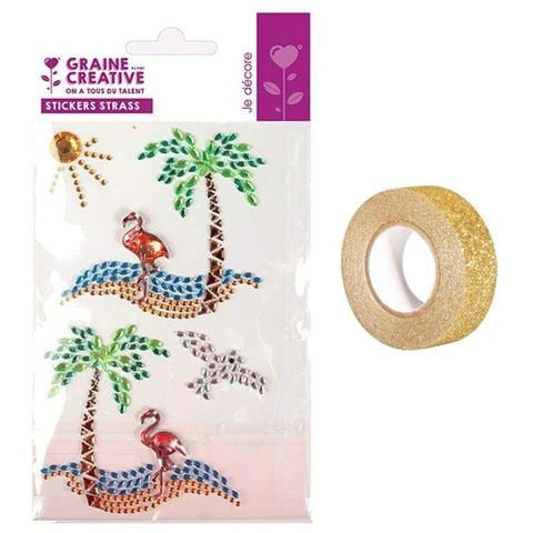 4 Adesivi Con Strass 15 X 9,5 Cm Isola Paradisiaca + Washi Tape Dorato 5 M - Foto 2