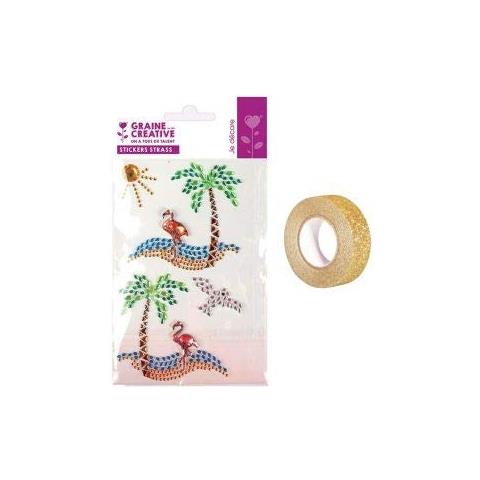 4 Adesivi Con Strass 15 X 9,5 Cm Isola Paradisiaca + Washi Tape Dorato 5 M - Foto 1