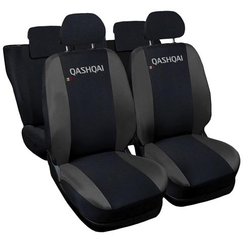 Coprisedili Auto Compatibili Per Qashqai, Made In Italy, Set Di Copri Sedili Anteriori E Posteriori Con Copri Poggiatesta Incluso, Tessuto Poliestere, Colore - Nero \grigio Scuro - Foto 1