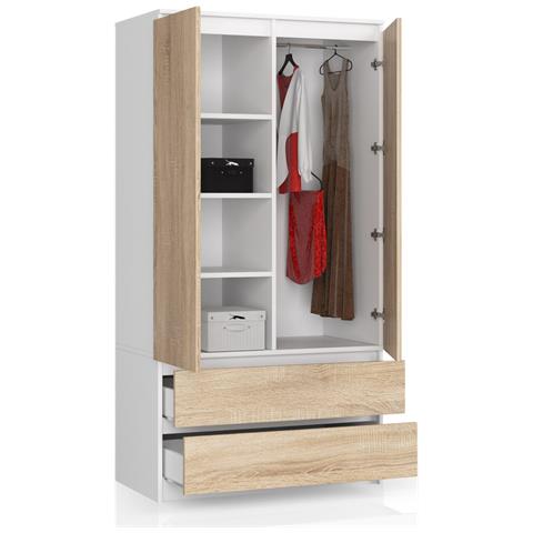Armadio A 2 Ante Battenti E Cassetti S90, 90x51x180 cm, Colore Bianco e Sonoma Quercia - Foto 2