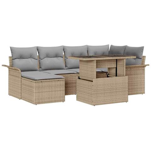 Set di divani da giardino 7 pezzi con cuscini Beige Rattan Poliestere - Foto 1