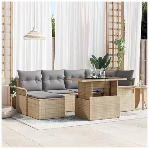 Set di divani da giardino 7 pezzi con cuscini Beige Rattan Poliestere - Foto 2