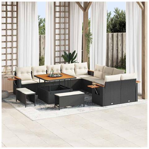 Set di divani da giardino da 13 pezzi con cuscini neri in polyrattan e acacia, Set da pranzo da giardino da 3 pezzi con cuscini neri in polyrattan e acacia - Foto 2