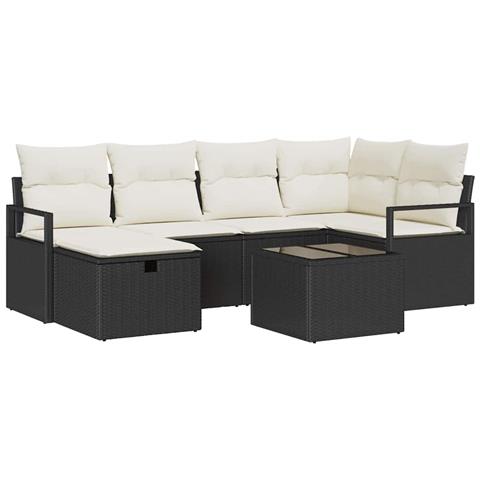 Set Divano da Giardino di 7 Pezzi con Cuscini Rattan Nero Polyrattan,  Divano da Giardino a 2 Posti con Magazzino & Cuscini Rattan Nero Polyrattan - Foto 1