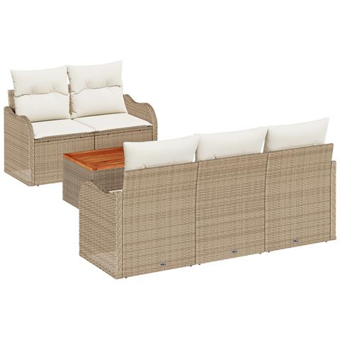 Set divano da giardino  6 pezzi con cuscini beige in rattan sintetico e acacia, Divano da giardino  2 posti con cuscini beige in rattan sintetico - Foto 1