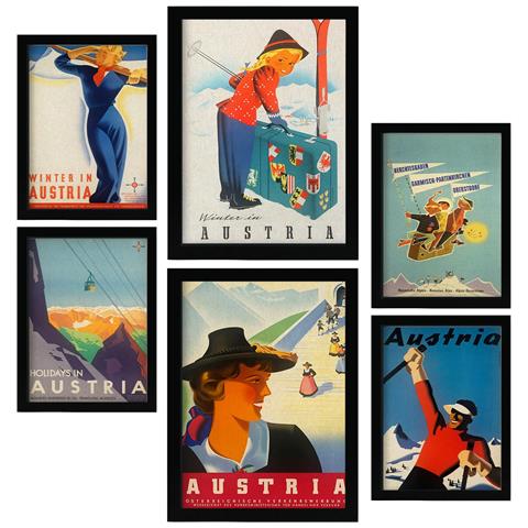 Set Di 6 Stampe Austria 2 Illustrazioni A Colori Di Cartelloni Pubblicitari Turistici D'epoca Provenienti Da Tutto Il Mondo Design D'interni A3 & A4 Senza Cornice - Foto 1