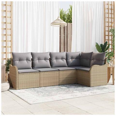 Set di Divani da Giardino  5 Pezzi con Cuscini Beige Rattan Sintetico, Divano da Giardino 2 Posti  con Cuscini Beige Rattan Sintetico - Foto 2