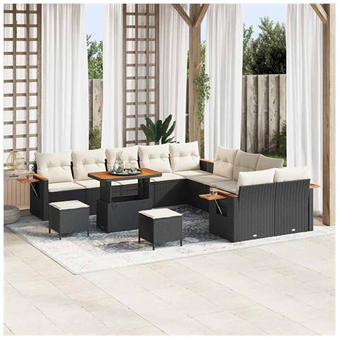 Set di divani da giardino da 13 pezzi con cuscini Nero Polirattan Acacia,  Set pranzo da giardino da 3 pezzi con cuscini Nero Polirattan Acacia - Foto 2